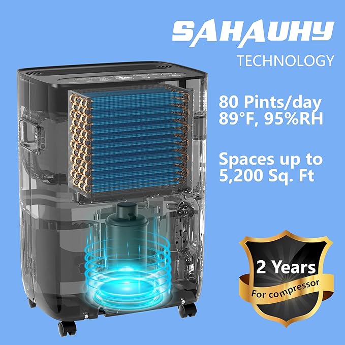 SAHAUHY 80 Pints ENERGY STAR Dehumidifier for Home Bedroom Garage Basement Stockroom and Large Room Spaces up to 5,200 Sq. Ft with Drain Hose and Water Tank