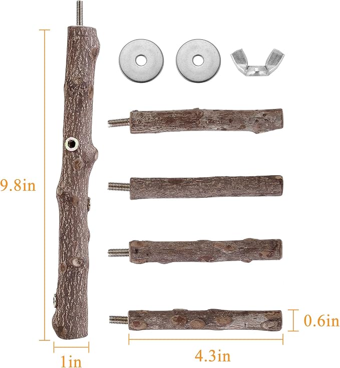 Bird Perch Stand Toy Natural Wood Bird Cage Branch Perch 10 Inch | Natural Wood Perch Stand w/ 4 Branches Bird Cage Inside Accessories Bird Toy for Parakeet Cockatiel Conure Finches Love Birds
