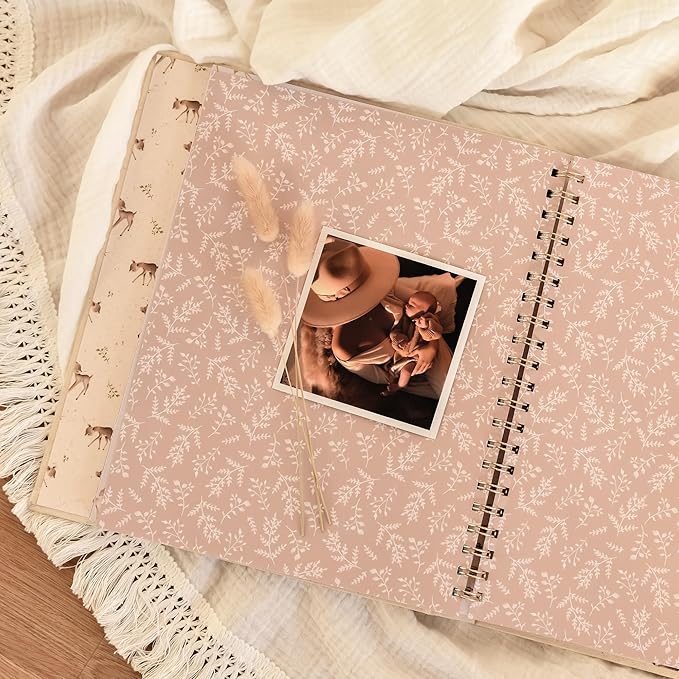 Peachly Unisex Baby Memory Book | Minimalist First Year Baby Book Keepsake for Milestones | Baby Scrapbook for Boy or Girl | Natural Linen - Forest
