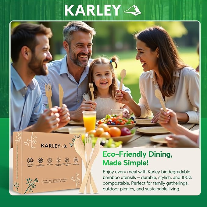 Karley Bamboo Utensils 150Pcs Set – Compostable Cutlery Set for Picnic, Parties – Heavy Duty Disposable Silverware Includes Wooden Spoons for Eating, Forks, Knives – Zero Plastic Disposable Cutlery