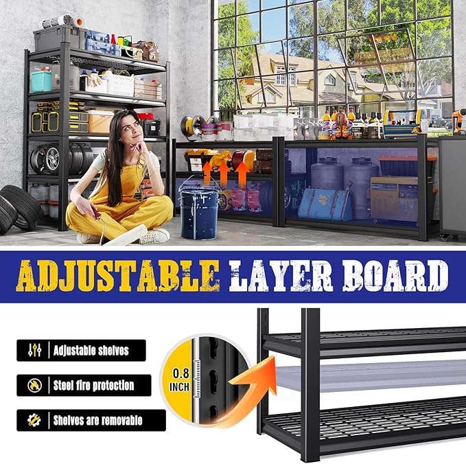 Set of 3 Garage Shelving Heavy Duty Storage Shelves, 5-Tier Adjustable Metal Shelving Unit, Utility Garage Organizer Shelf for Basement, Pantry, Kitchen, Warehouse,17.7" D x 45.6" W x 71.2" H