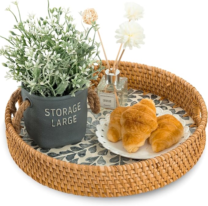 KOLWOVEN Round Rattan Tray with Handle, Rattan Serving Tray with Mother of Pearl Inlay Wooden Base (White- Black Leaves)