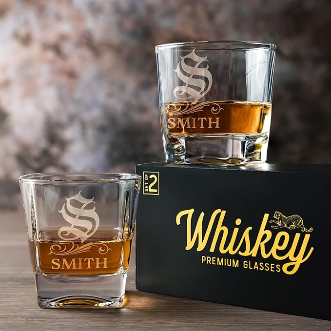 Amazing Items Single - Personalized Whiskey Glasses w/Name & Initial - 9 Designs - 9 oz, Limited Edition Monogrammed Rocks Glasses for Dad Gifts