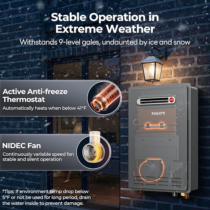 FOGATTI Natural Gas Tankless Water Heater Outdoor - Max 8.1 GPM 180,000 BTU, CSA Certified Compact Design On Demand Instant Hot Water Heater - Instagas Comfort 180S Series, New Upgraded