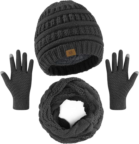 Winter Beanie Hat Scarf Gloves Set, Winter Clothes for Women, Fleece Lined Hats Touchscreen Gloves Thick Neck Warmer