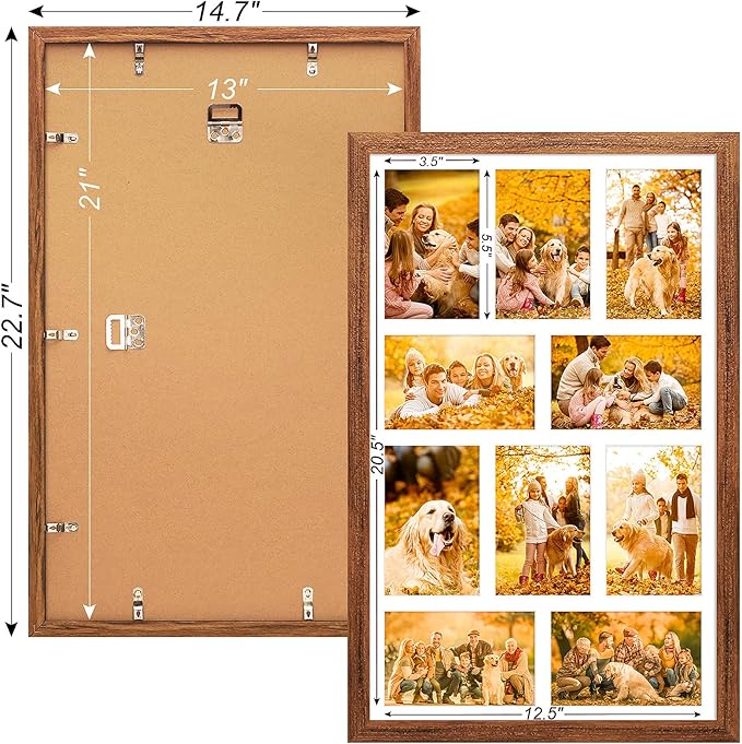 13x21 Collage frame with 10 Openings 4X6 Pictures, Multiple Picture Frame with Mat, Wall or Tabletop Decor, Carbonized Brown Wood Grain,2 Pack