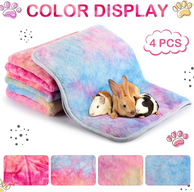 Reginary 4 Pcs Guinea Pig Fleece Blankets, Tie Dye, 24 x 16 Inch | Waterproof Washable Cage Liners, Absorbent Double Layer Bedding for Guinea Pigs, Reusable Pads for Hamsters Rabbits