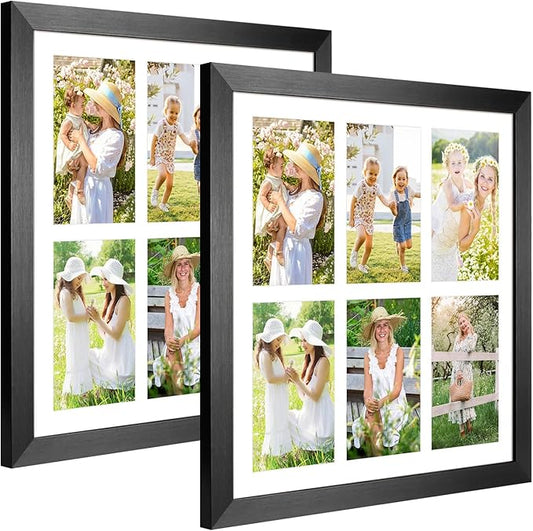13x13 Collage frame with 6 Openings 4X6 Pictures, Multiple Picture Frame with Mat, Wall or Tabletop Decor, Black Wood Grain,2 Pack