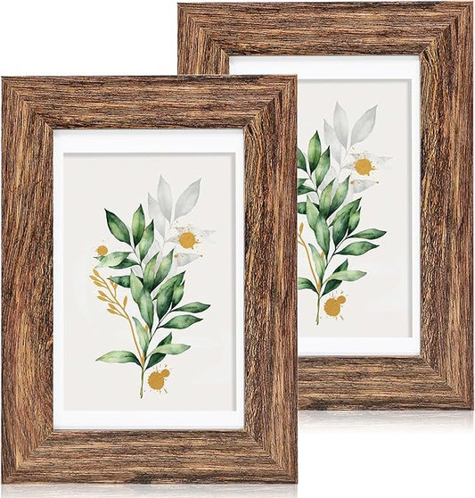 4x6 Picture Frame Set of 2, Made of Real Glass and Rustic Brown Wooden Frame - Display Pictures 3.5x5 with Mat or 4x6 Without Mat, 4 by 6 Photo Frame for Wall or Tabletop Display