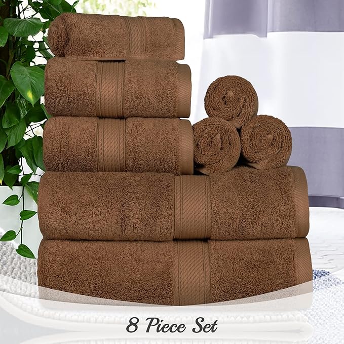 BLUENILEMILLS Madison Egyptian Cotton Towels, Towel Set for Bathroom, Shower, Hotel, Plush, 900 GSM, Highly Absorbent and Ultra-Soft Towels, Bath Essentials, 8 Piece Assorted Towel Set, Chocolate
