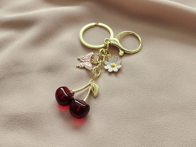 Agromusk Cute Cherry Keychain,Kawaii Cherry Bag Purse Charms for Women Car Keys Decor Gifts Stuff Accessories