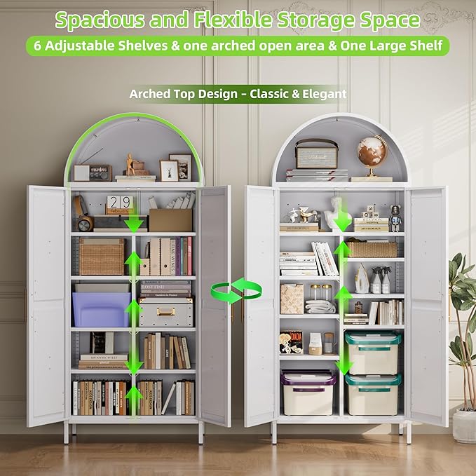 Metal Arched Kitchen Pantry Cabinet with 6 Adjustable Shelves, Farmhouse Arched Cabinet with 2 Doors for Kitchen,Bedroom,Living Room,White, Assemble Required,15.4" D x 30.7" W x 72.8" H
