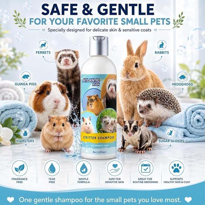 Critter Shampoo for Small Pets -Small Animal Fragrance & Detergent Free Shampoo - Sensitive Skin Shampoo for Ferrets, Guinea Pigs, Rabbits, Hedgehogs, Hamsters & Sugar Gliders (8 oz Fragrance Free)