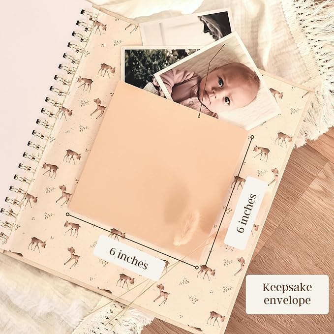 Peachly Unisex Baby Memory Book | Minimalist First Year Baby Book Keepsake for Milestones | Baby Scrapbook for Boy or Girl | Natural Linen - Forest