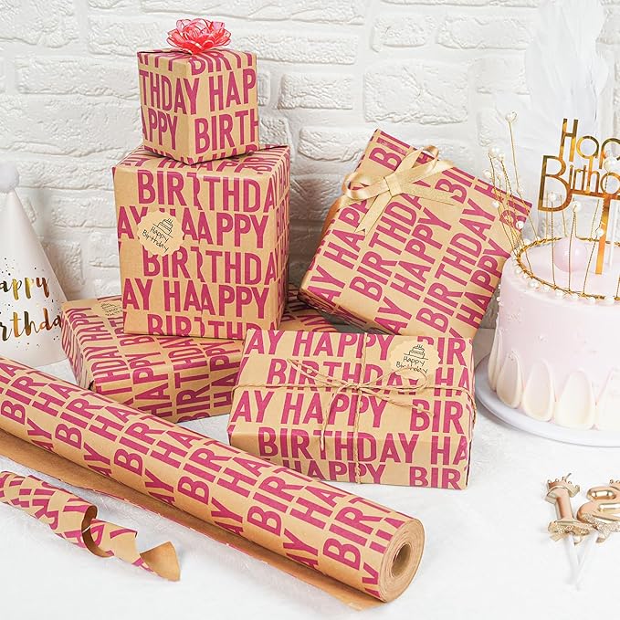 MAMUNU Birthday Wrapping Paper Roll, Red and Brown Kraft Happy Birthday Wrapping Paper Jumbo Roll, Gift Wrap Paper Set for Men Women Boys Girls, 17x590 Inch (70 sq. ft.)