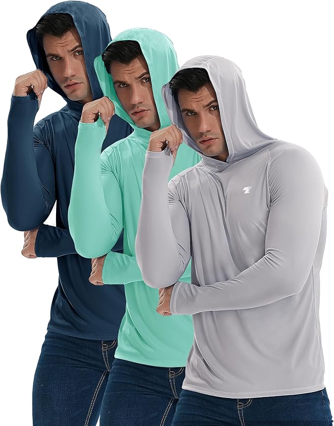TELALEO 3 Pack Men's UPF 50+ Sun Protection Lightweight Hoodie Performance Long Sleeve SPF UV Shirt for Fishing Running