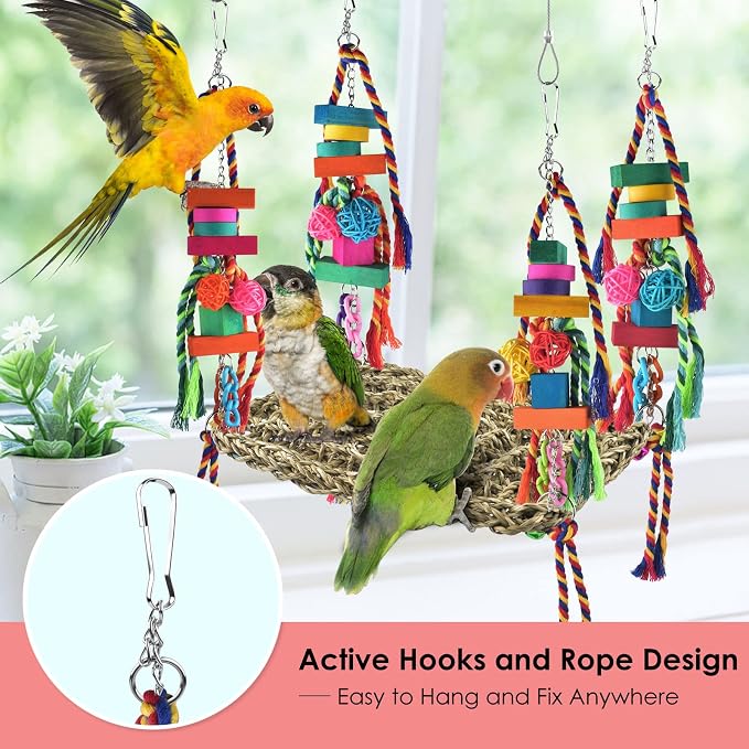 KATUMO Bird Toys, Bird Foraging Wall Toy Large Size Seagrass Woven Climbing Hammock Swing Mat with Colorful Chewing Toys for Lovebird, Parakeet, Budgie, Conure, Cockatiel, Small Birds | Hand-Woven Seagrass Toy with Chew Accessories, Supports Climbing, ...