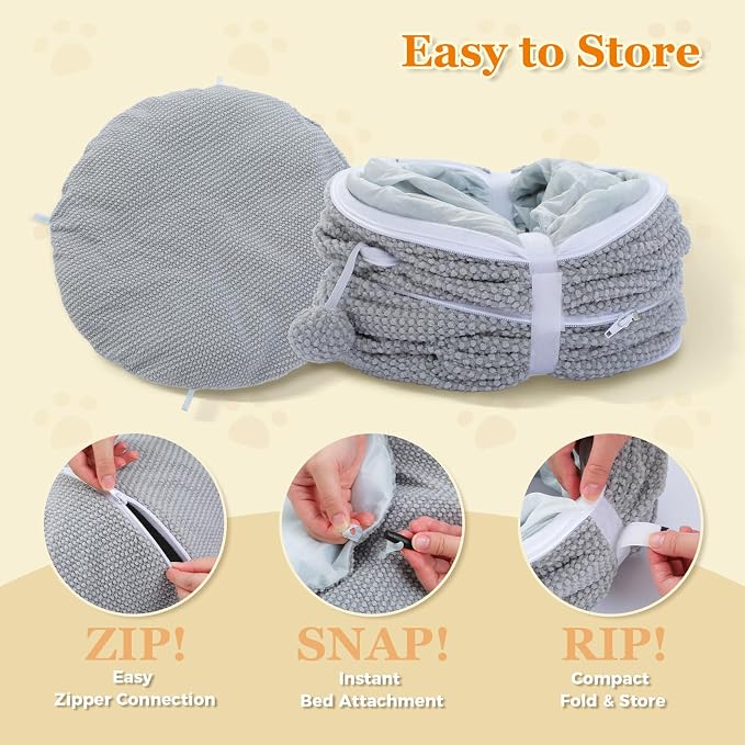 PEQULTI Grey Donut Cat Tunnel Bed Washable Plush Mat Multi for Small Pets | Round play tube with soft detachable plush mat, multi-pet toy fit indoor cats, kittens, puppies, rabbits and ferrets