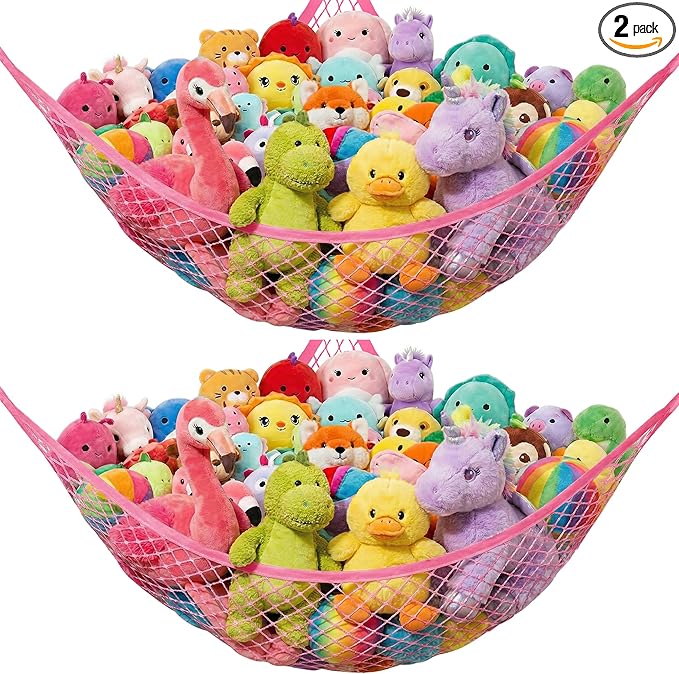 Lazebox Stuffed Animal Net Hammock for Plushie Toys, Stuffed Animal Hammock Corner for Kids' Room Decor, Ideas for Organizing Stuffy Collection, 2 Pack, Pink
