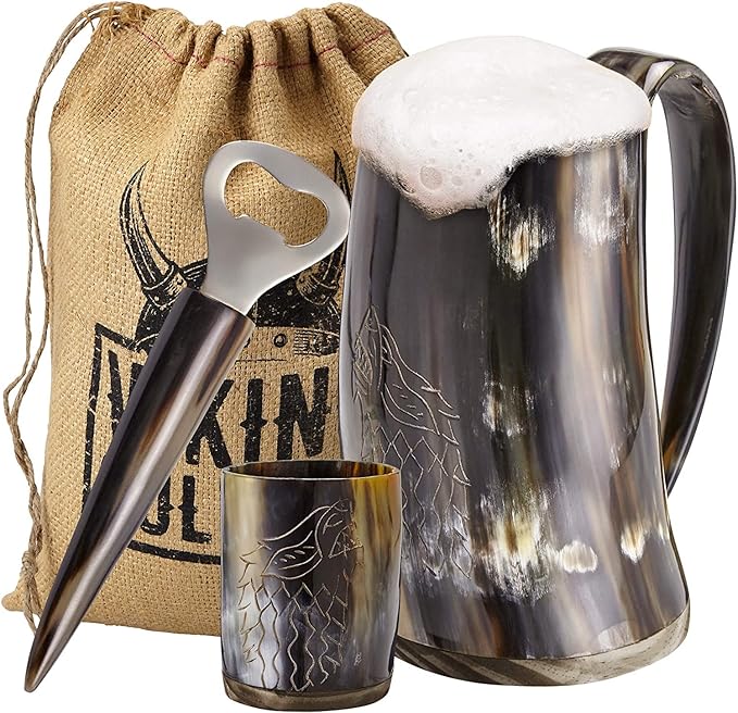 Viking Culture Ox Horn Mug, Shot Glass, and Bottle Opener (3 Pc Set) Authentic 16-oz. Ale, Mead, and Beer Tankard | Vintage Stein with Handle | Custom Intricate Design - Polished Finish | Wolf/Fenrir