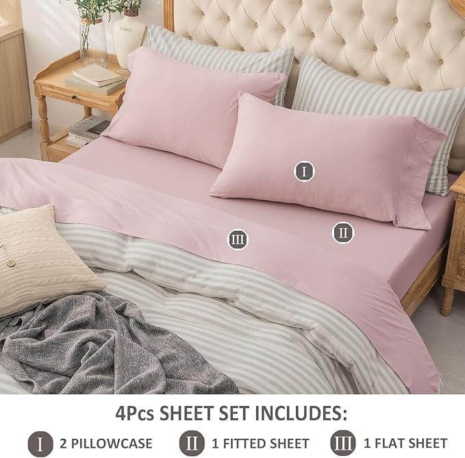 PURE ERA Jersey Knit 4pc Bed Sheet Set 100% T-Shirt Cotton Super Soft Comfy Breathable Fits Mattress Up to 20" Extra Deep Pocket (Solid Light Pink, King)