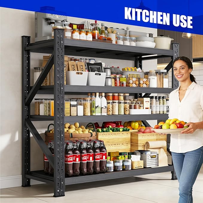 60''W Garage Shelving Adjustable Garage Shelves 5000LBS Storage Shelves,4-Tier Metal Shelving Unit Storage Shelf, Easy Assembly Utility Shelf for Warehouse, Basement, Black (70'H x 60''W x 24''D)