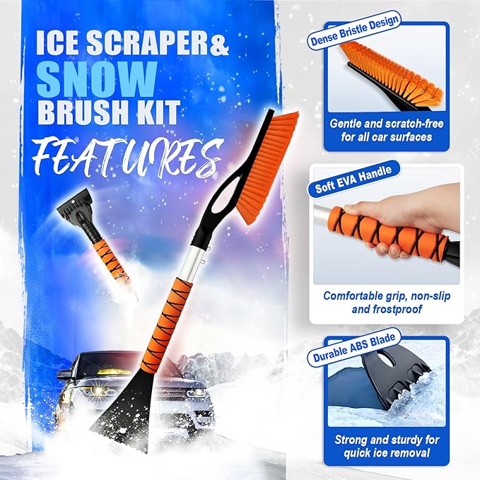 DIYSELF 27" Snow Brush with Two-Size Ice Scrapers for Car Windshield, 4 Pack Detachable Snow Removal Tool, Ergonomic Foam Grip, Snow Scraper for Car, Trucks, SUV, Christmas Stocking Stuffers for Men