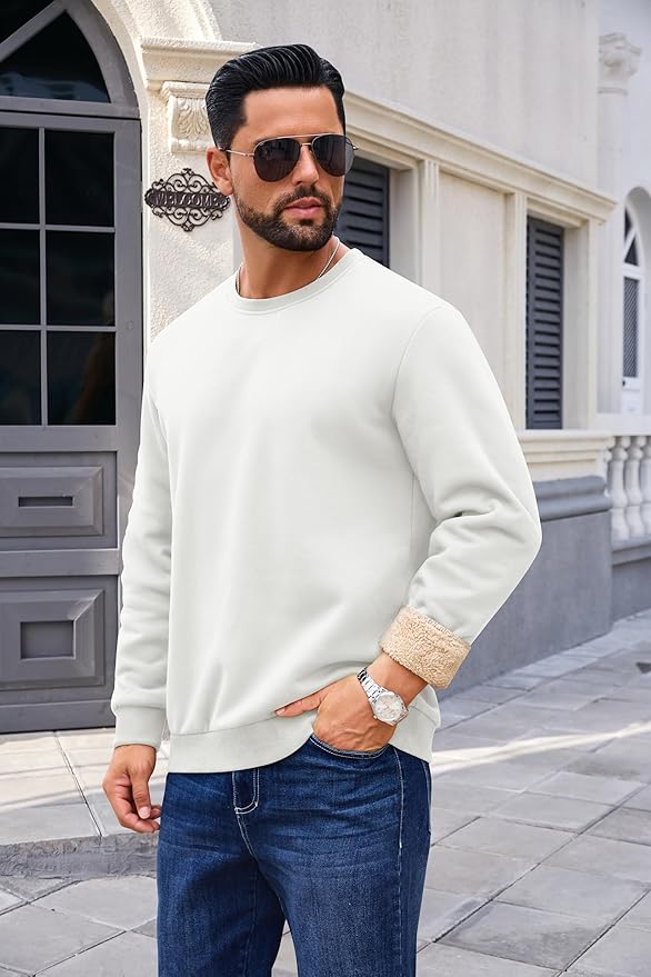 Boladeci Men's Full Sherpa Lined Crewneck Sweatshirts Heavy-weight Fleece Pullover Thick Thermal Long Sleeve Cotton