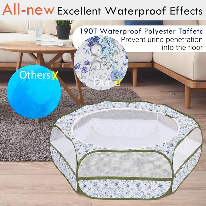 Pawaboo Small Animal Playpen with Zippered Cover, Blue + White Flower | Portable pop-up pet tent for supervised rabbits, guinea pigs, chicks and kittens; water-resistant bottom and 3 metal rods