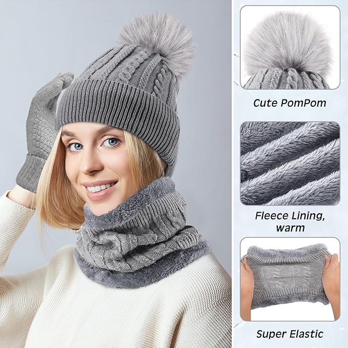 SATINIOR 5 Pcs Winter Hat Scarf Gloves Set Fleece Lined Knit Beanie Hat Warm Touch Screen Gloves Earmuff Warmer for Women(Grey,Beauty Style)