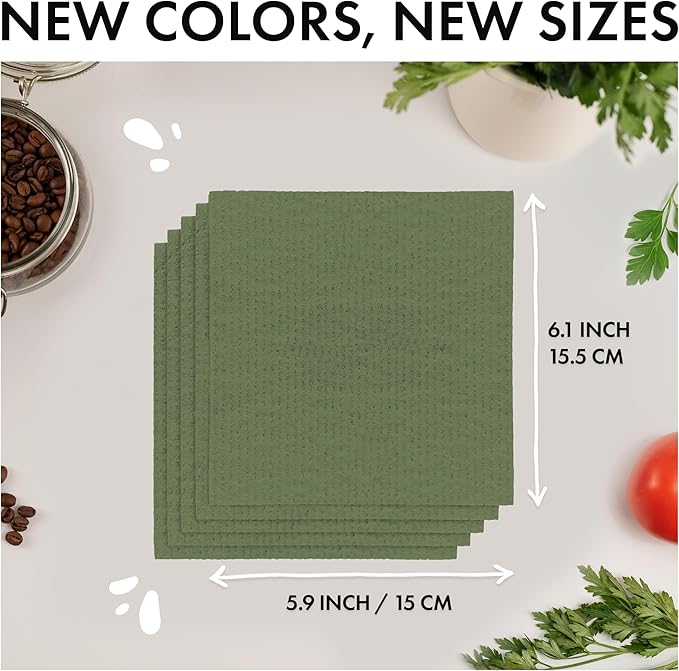 SUPERSCANDI 5 Pack Swedish Dishcloths for Kitchen - 100% Biodegradable & Compostable Reusable Paper Towels Washable, Food-Safe & Without Plastic - Dish Rags for Any Surface, Premium, Forest Green