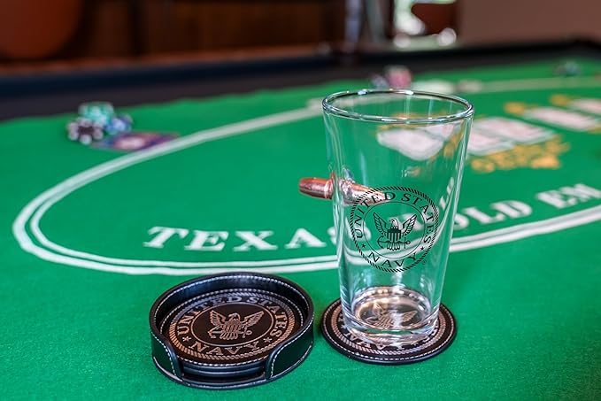 US Navy Leather Coaster Set - 4 Premium Coasters with Hot Stamped Foil Logo - Navy Gifts for Sailors | Disabled Vet Owned Business