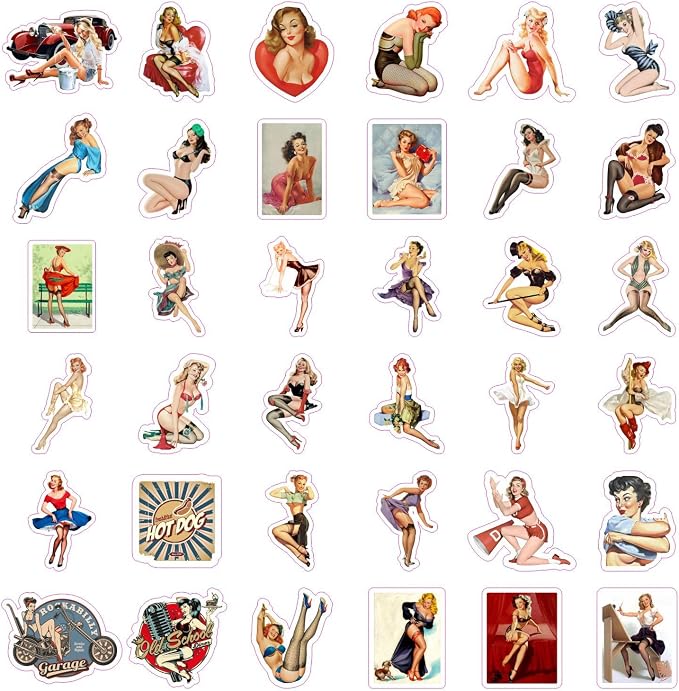 Pin Up Girl Stickers for Water Bottle and Laptop - Pin Up Girl Party Supplies & Decorations, Waterproof Vinyl Decals, Retro and Vintage Stickers, Gifts for Women & Men