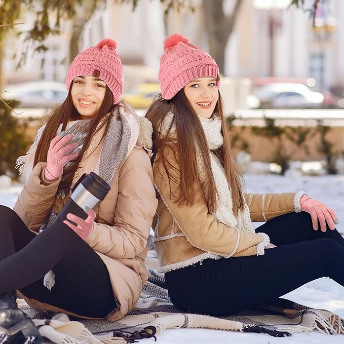 5 Pieces Women Winter Warm Set Knit Beanie Hat Scarf Touchscreen Gloves Earmuffs Stockings 5 in 1 Ski Outing Set for Gift