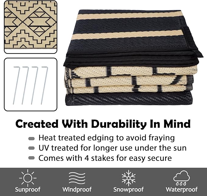 SAND MINE Reversible Mats, Plastic Straw Rug, Modern Area Rug, Large Floor Mat and Rug for Outdoors, RV, Patio, Backyard, Deck, Picnic, Beach, Trailer, Camping (6' x 9', Black & Beige)
