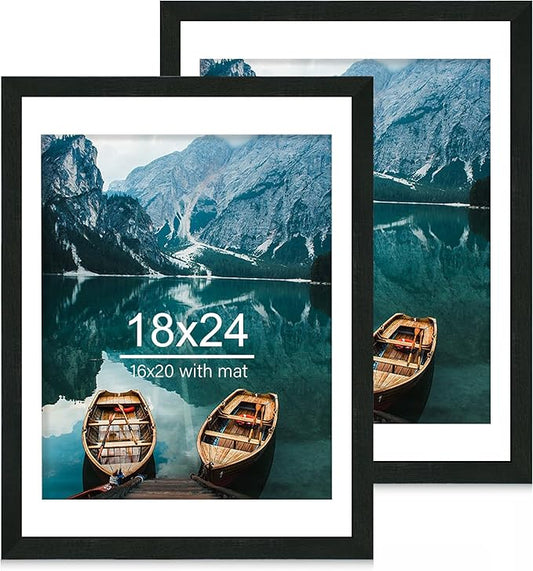 18x24 Frame Set of 2, Rustic Black Wood Style - Display 18 x 24 Poster without Mat or 16x20 Picture with Mat, Wall Mounting Horizontal and Vertical
