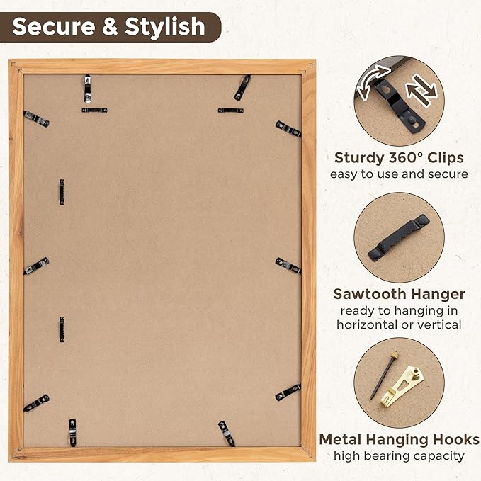 18x24 Picture Frame, Solid Elm Wood Picture Frame with Real Glass, Large Rustic Poster Frame 18"x24", matted to 16x20, 18 by 24 Wooden Frame for Vertical & Horizontal Wall Hanging, Natural, 1 Pack