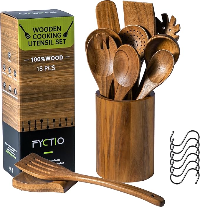 18 PCS Acacia Wooden Spoons for Cooking - Heat-Resistant, Comfort Grip,Easy to Clean, Non-stick Friendly - Kitchen Utensil Set with Holder, Spoon Rest & 6 Hooks, Ideal for Gifting