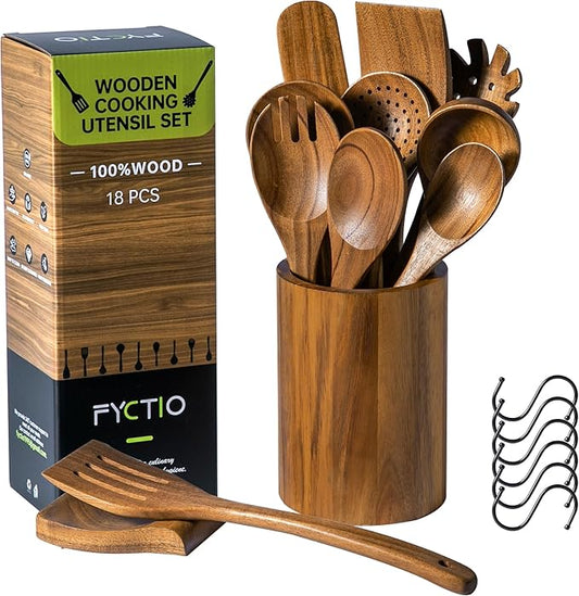 18 PCS Acacia Wooden Spoons for Cooking - Heat-Resistant, Comfort Grip,Easy to Clean, Non-stick Friendly - Kitchen Utensil Set with Holder, Spoon Rest & 6 Hooks, Ideal for Gifting