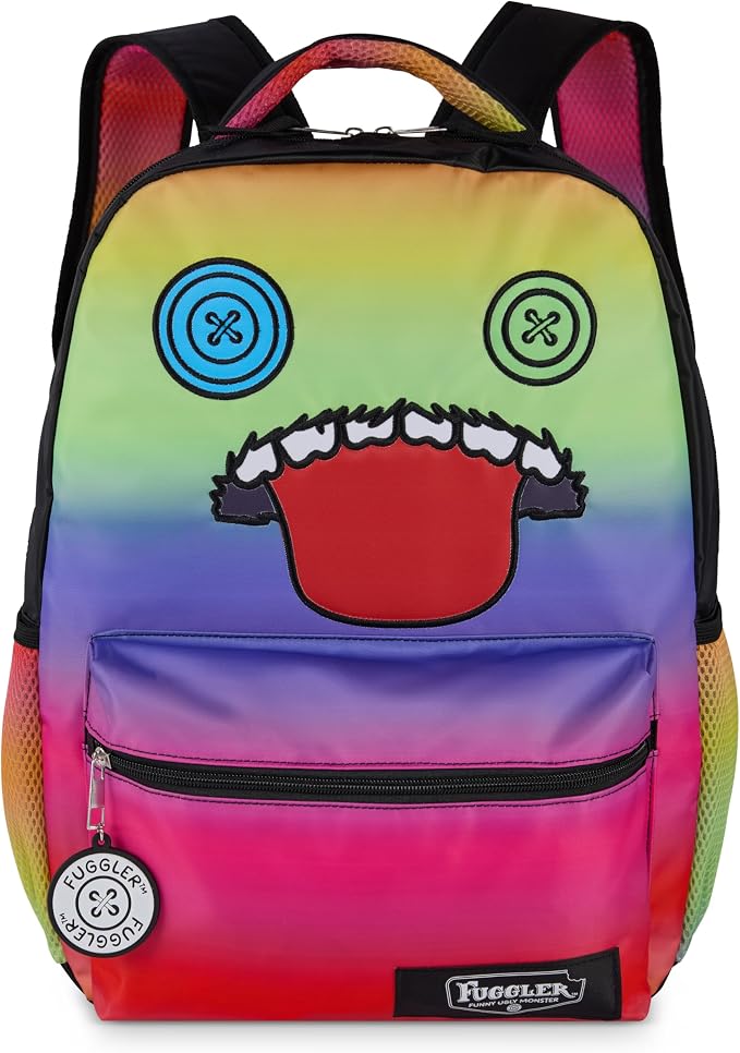 AI ACCESSORY INNOVATIONS Fuggler Backpack with Big Face Oogah Boogah Character, Rainbow Gradient, 16 Inch, Polyester, 3 Pockets, Adjustable Straps, for Kids Ages 5-12