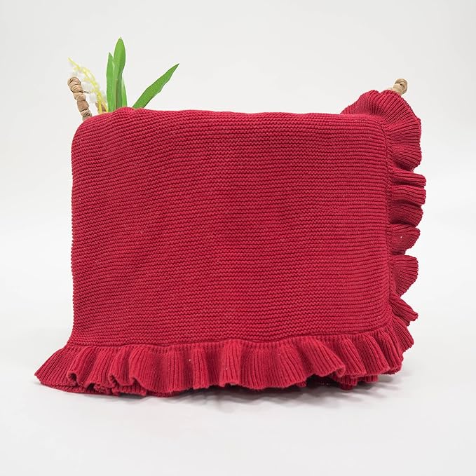 Ruffle Knit Blanket for Baby - 100% Luxury Soft Cotton Knit Warm Cozy Cuddle Stroller Crib Blanket for Newborns, Infants, & Toddlers (Red X-mas)