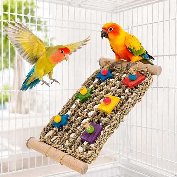 FlidRunest Conure Ladder Perch with Colorful Wood Chew Block | Natural Parrot Seagrass Foraging Mat, Bridge Stands Climbing Hammock Chewing Activity Toy for Parakeets, Lovebird