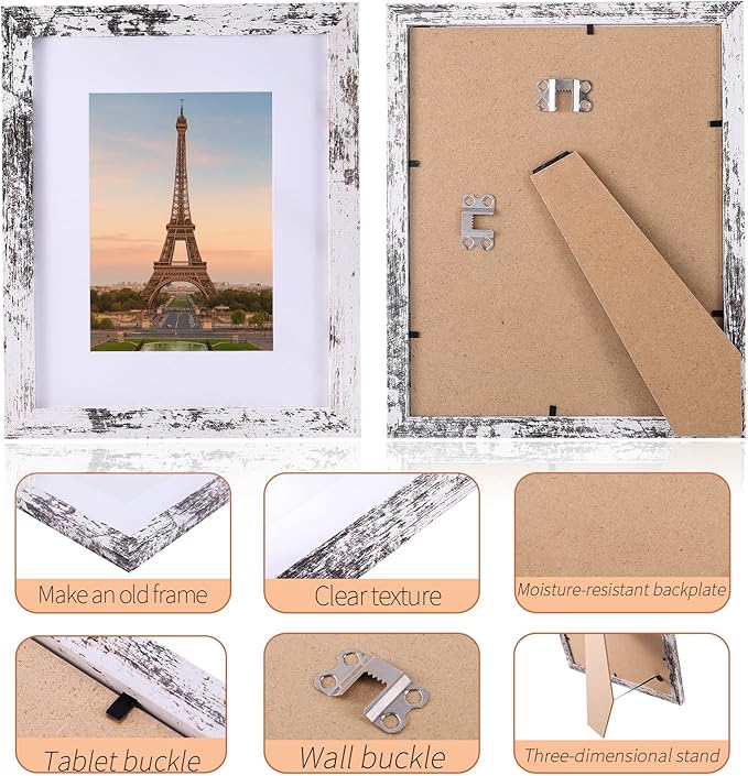 6 Pcs 8x10 Rustic White Wood Picture Frame - Display Pictures 5x7 with Mat or 8 x 10 without - Distressed White Wooden Photo Frames for Wall Mounting or Table 8 10 Matted to 5x7 Farmhouse Set of 6