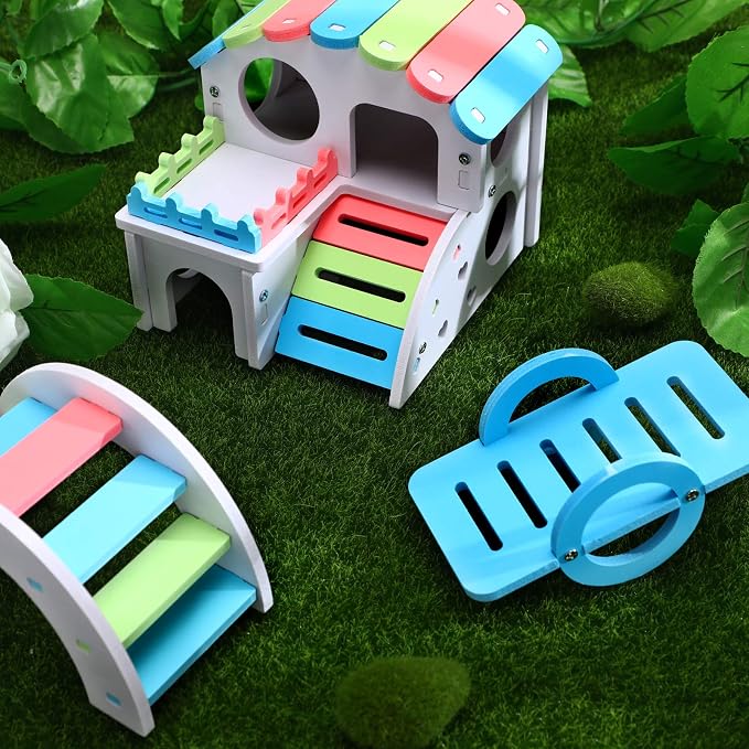 Skylety 3 Pieces Fun Hamster Guinea Pig Hideout Kit,Small,Rainbow Color | Include PVC Hamster House, Rainbow Bridge, Seesaw DIY Exercise Playhouse for Rats Mouse Small Animals