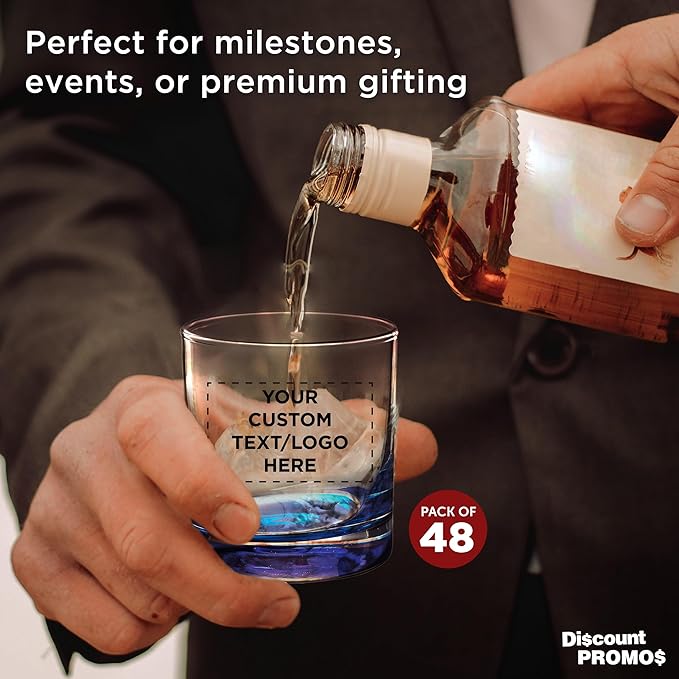 Custom Lexington Rocks Whiskey Glass 10.5 oz, Set of 48, Personalized Bulk Pack - Perfect for Scotch, Bourbon, Whiskey, Cocktail - Blue