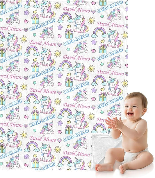 Ship Next Day, Personalized Baby Blanket for Boys Girls - Printed in USA, Custom Name Toddler Blanket with Rainbow Horse Pattern, Perfect Newborn Gift