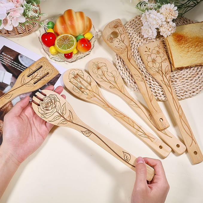 GLOBLELAND 6Pcs Floral Bamboo Cooking Utensils Wooden Engraved Cooking Spoons Set Carving Kitchen Bamboo Spatula Set for Women and Men Wood Cooking Spoon for Kitchen House Warming Gift