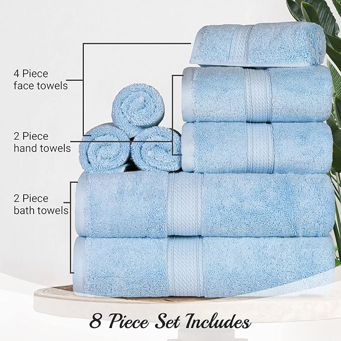 BLUENILEMILLS Madison Egyptian Cotton Towels, Towel Set for Bathroom, Shower, Hotel, Plush, 900 GSM, Highly Absorbent and Ultra-Soft Towels, Bath Essentials, 8 Piece Assorted Towel Set, Light Blue