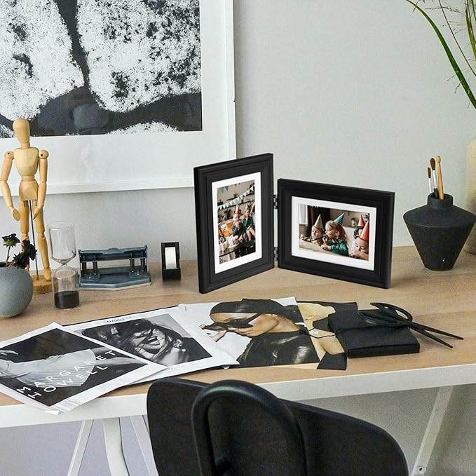 5X7 Double Wooden Hinged Picture Frame Vertical and Horizontal in Black, Display 4x6 with Mat or 5x7 without Mat, Folding Photo Frame with Real Glass Front for Tabletop X2-HEI-SH57