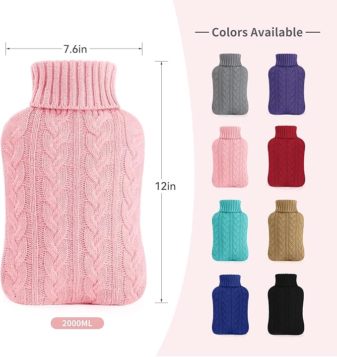 samply Hot Water Bottle with Knitted Cover, 2L Hot Water Bag for Hot and Cold Compress, Hand Feet Warmer, Ideal for Menstrual Cramps, Neck and Shoulder Pain Relief, Pink